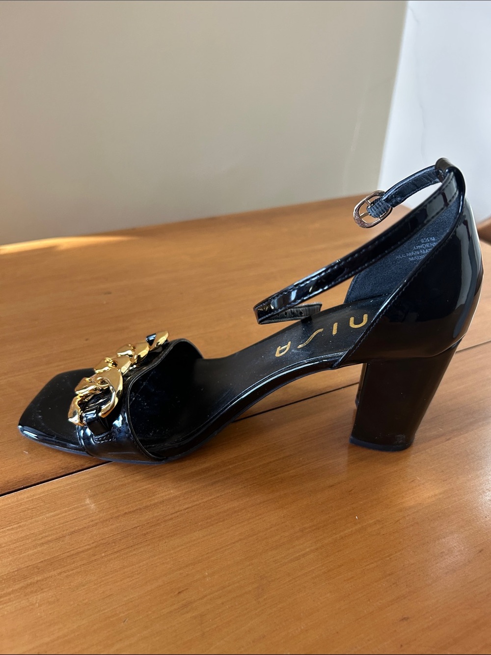 Unisa Black Patent Block Heel Sandal with Gold Chain
